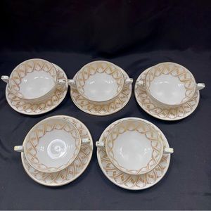 ROYAL WORCESTER Golden Sheaf Soup Cup Bowls & Saucers 10 PCs - Vintage RARE Mint